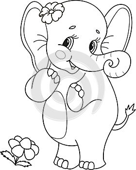 Coloring page outline of cartoon smiling cute girl elephant. Colorful vector illustration, summer coloring book for kids